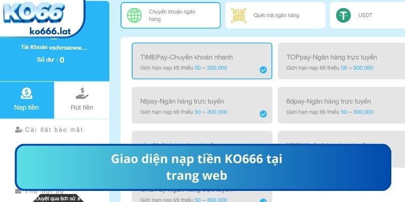 Giao diện nạp tiền KO666 tại trang web